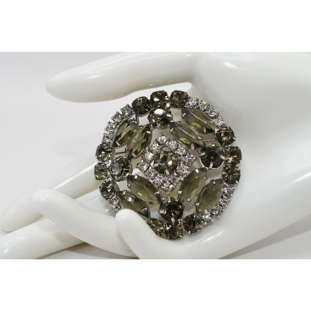 Vintage Smoky Gray Rhinestone Brooch Clear Rhinestones Rhodium Tone